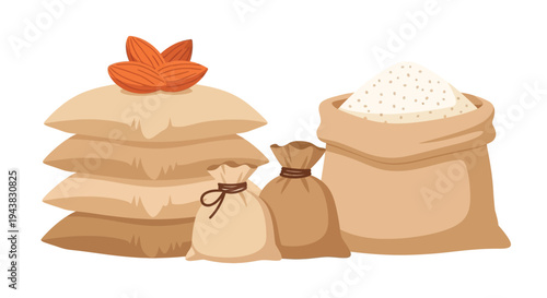 Sacks of flour and almonds a harvest illustration of food staples