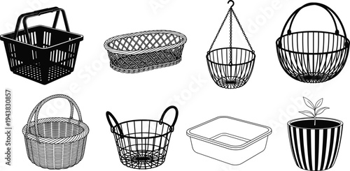 Collection of various empty baskets and containers including shopping basket wicker tray wire hanging pot plastic bin and garden plant pot