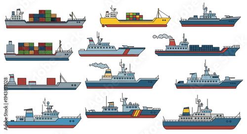 Collection of colorful cargo ships tankers and passenger vessels