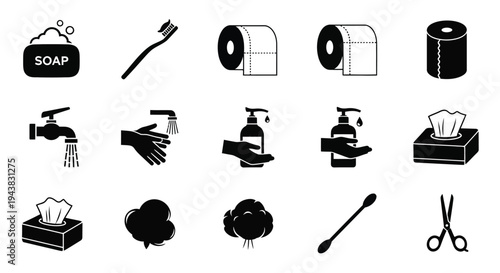 Black and white icons depicting hygiene and bathroom related objects