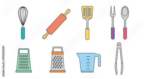 Colorful illustration of various kitchen utensils and baking tools