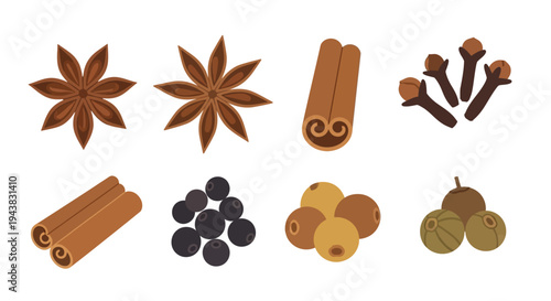 Variety of spices including star anise cinnamon cloves and peppercorns