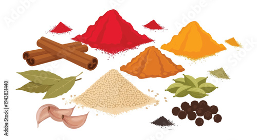 Assorted spices including cinnamon turmeric peppercorns and bay leaves
