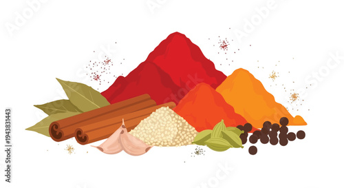 Colorful spice assortment including turmeric chili and cinnamon sticks