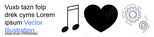 Creativity, love, engineering, innovation, technology, emotions. Musical note, heart and gear symbols in minimalist design. Creativity and emotions by musical note and heart