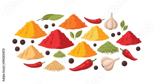 Colorful assortment of spices herbs garlic and chili peppers displayed