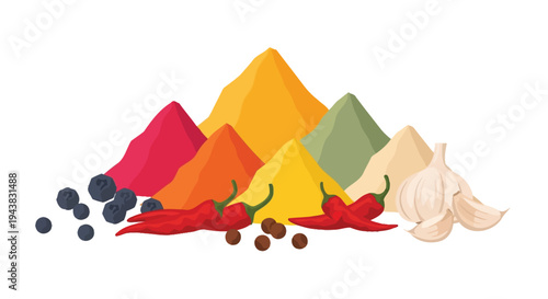 Colorful pile of various spices garlic and chili peppers displayed together