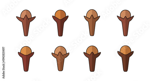 Illustration of eight whole cloves with distinct petal like structures