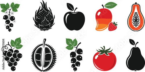 Set of Flat Fruit Icons Including Mango Papaya Tomato Dragon Fruit Durian Apple Pear Grapes Strawberry and Blackcurrant Isolated on White (
