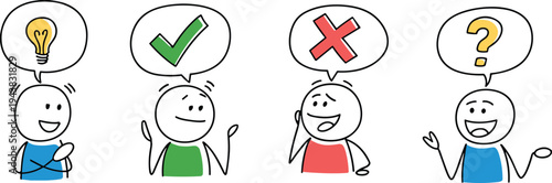 Hand drawn doodle characters with speech bubbles showing idea light bulb, correct check mark, wrong cross and question mark concept for thinking, decision making illustration