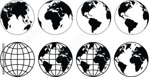 Depictions of Earth’s Rotation and Geographic Views from Different Angles isolated on transparent background, Vector