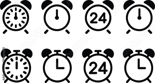 Collection of analog alarm clocks with various time and function displays isolated on transparent background, Vector