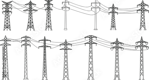 High voltage power transmission towers, electrical grid infrastructure, industrial electricity network illustration, energy distribution system, utility poles drawing