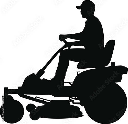 Lawn mower operator silhouette illustration, gardener riding grass cutting machine for landscaping maintenance, professional groundskeeper equipment vector icon isolated on white background