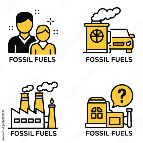 Vector art of set of four flat icons representing fossil fuels and their impact people, car, factory, and processing plant with question mark