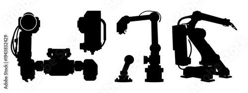 Industrial cobot set with solid black silhouette featuring robotic arm, factory automation, modern technology with precise movements and artificial intelligence