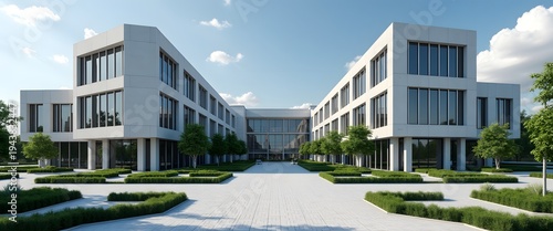 Modern white office building with glass windows and green landscaping