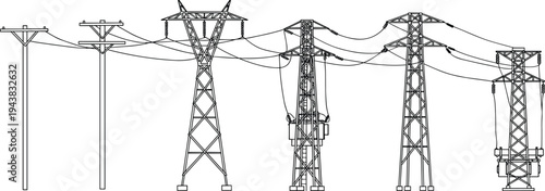 High voltage power line towers vector illustration, electric transmission pylons and utility poles, detailed technical drawing, energy infrastructure sketch
