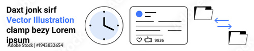 Social media analytics, content scheduling, data sharing, organization, productivity tools, workflow. Clock, post interface and folder icons are visible. Social media and content scheduling concepts