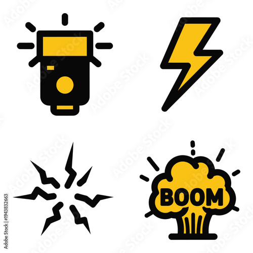 Vector art of four black and yellow icons representing photography flash and explosion effects