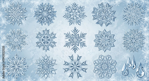 Collection of Various Snowflakes with Unique Patterns.