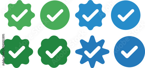 Assorted checkmark icons in green and blue shapes with varying designs isolated on transparent background, Vector
