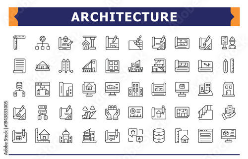 Architecture icon set. Engineering line icon pack. Pictograms of home, drawing, project, plan, measurement, house and more. Pixel perfect. Editable vector.