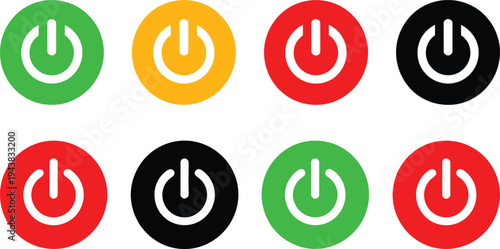 Collection of eight power button icons in various colors and states isolated on transparent background, Vector