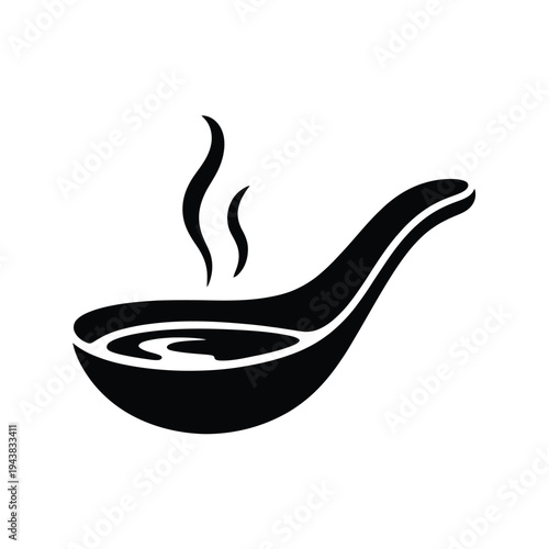 A black silhouette of a soup ladle with rising steam swirls