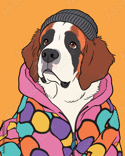 A St. Bernard dog stands still, wearing a multicolored jacket and a beanie against a bright orange backdrop.