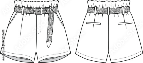 High waist belted shorts front and back view, flat sketch, fashion cad drawing, summer women’s wear, technical vector illustration