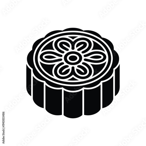 Black and white illustration of a traditional mooncake with floral design