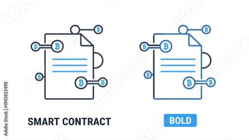 Smart Contract Vector Icon Set: Two Minimalist Blue and Black Outline Illustrations for Blockchain Technology and Digital Agreements