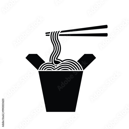 Black and white illustration of noodles in a takeout container with chopsticks
