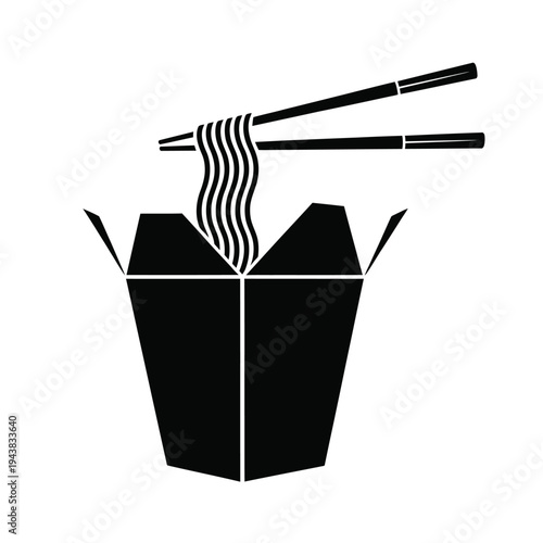 Black and white illustration of noodles in a takeout box with chopsticks