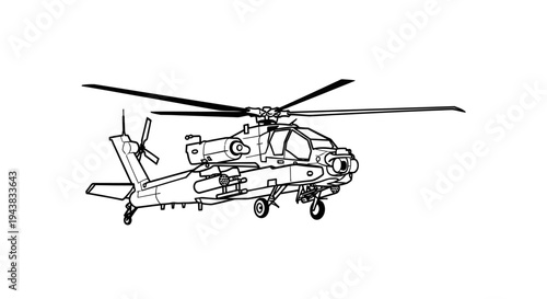 Apache Helicopter Line Drawing - Military Attack Aircraft Illustration