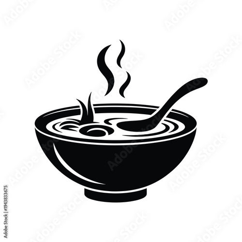 A black and white illustration of a steaming bowl of soup with a spoon