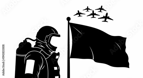 Astronaut with Black Flag and Fighter Jets Flying Overhead