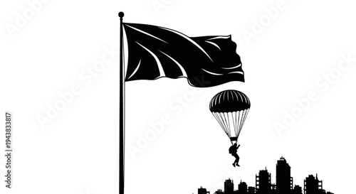 Black Flag Silhouette with Parachutist Descending Over City Skyline