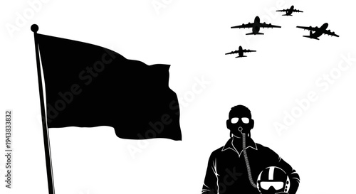 Black Flag, Pilot, and Fighter Jets Silhouette - Military Power and Freedom Concept