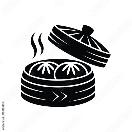 Black and white illustration of steaming dumplings in a bamboo basket