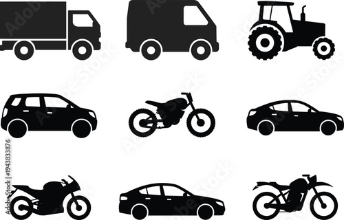 Commercial and private transport vehicle silhouette vector icon set for logistics, urban commuting, and agriculture