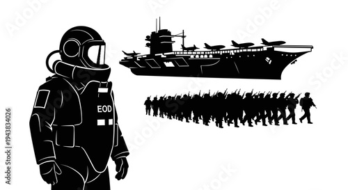 EOD soldier, aircraft carrier, and marching soldiers silhouette, military concept