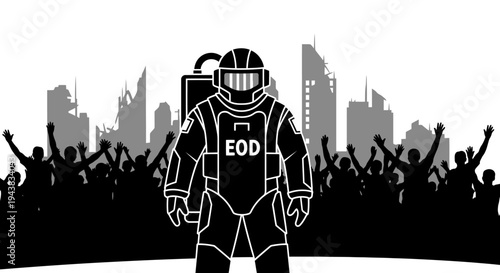 EOD Soldier in Riot Gear Facing Crowd with Destroyed City Background