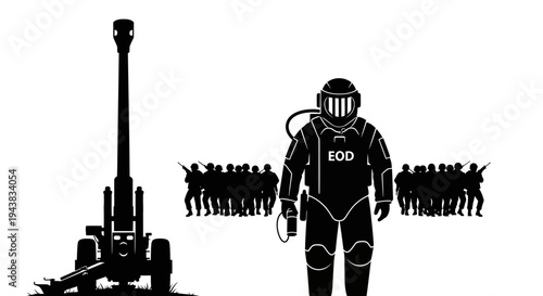 EOD soldier, artillery gun, and soldiers in silhouette against white background