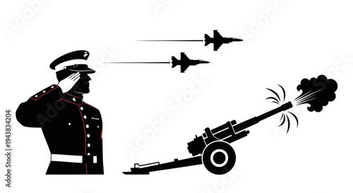 Marine Salutes as Artillery Fires and Jets Fly Overhead