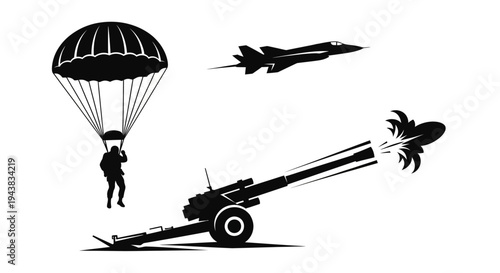 Military action: Parachutist, jet fighter, and cannon firing a missile