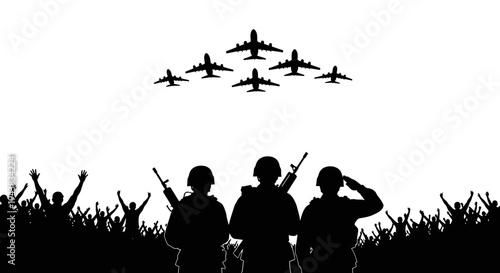 Military Air Show: Soldiers Salute as Jets Fly Over Cheering Crowd