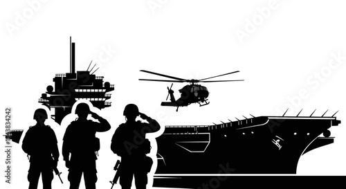 Military Aircraft Carrier and Soldiers Silhouette with Helicopter Landing