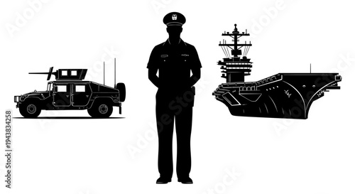 Military and Naval Power: Humvee, Soldier, and Aircraft Carrier Silhouette